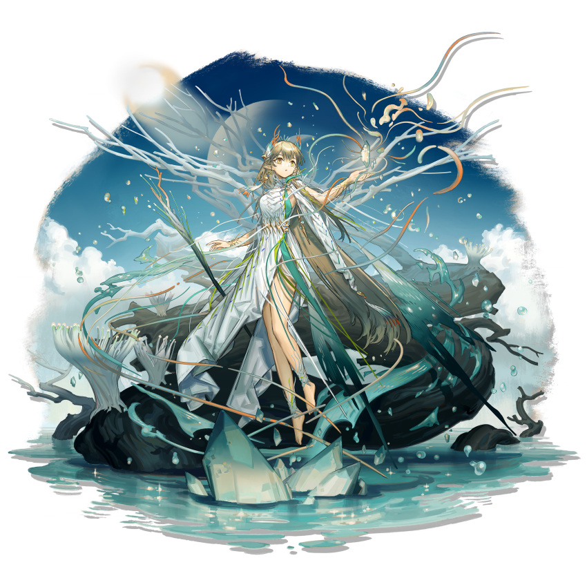 1girl, absurdres, animal_ears, anklet, arknights, bare_legs, barefoot, blonde_hair