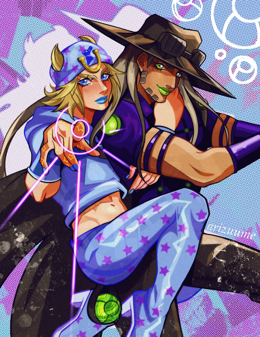 2boys, arizuume, armband, artist_name, beanie, beard, blonde_hair, blue_eyes