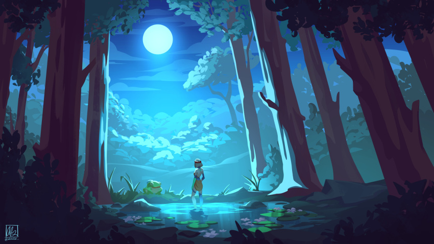 1girl, alina_l, asymmetrical_arms, blonde_hair, commentary, english_commentary, forest, frinos_(hades), frog, full_moon, greco-roman_clothes, hades_(series), hades_2, highres, lily_pad, melinoe_(hades), moon, moonlight, nature, night, partially_submerged, pond, scenery, short_hair, tree, water