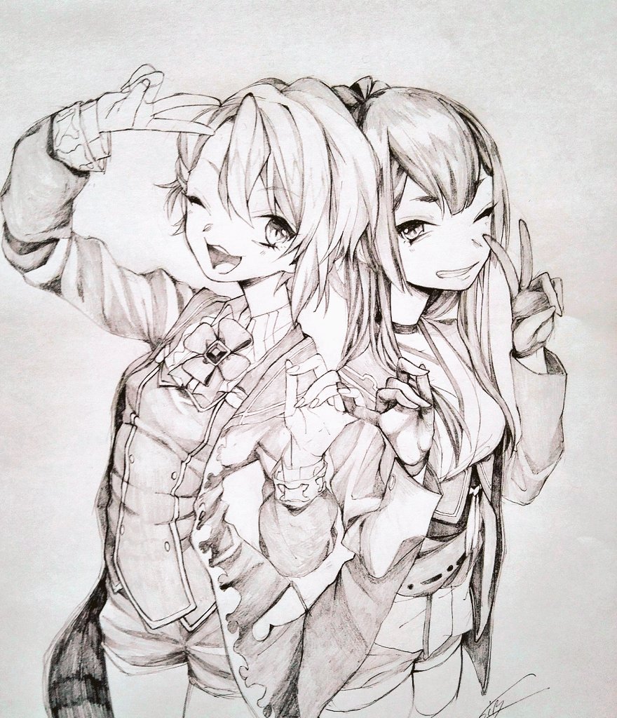 2girls, alternate_height, breasts, coat, collared_shirt, commentary_request, cowboy_shot, fingernails