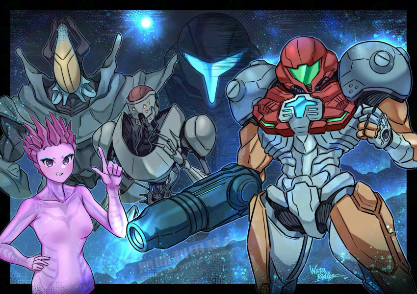 2others, 3girls, arm_cannon, armor, assault_visor, blue_visor, commentary_request, dark_samus