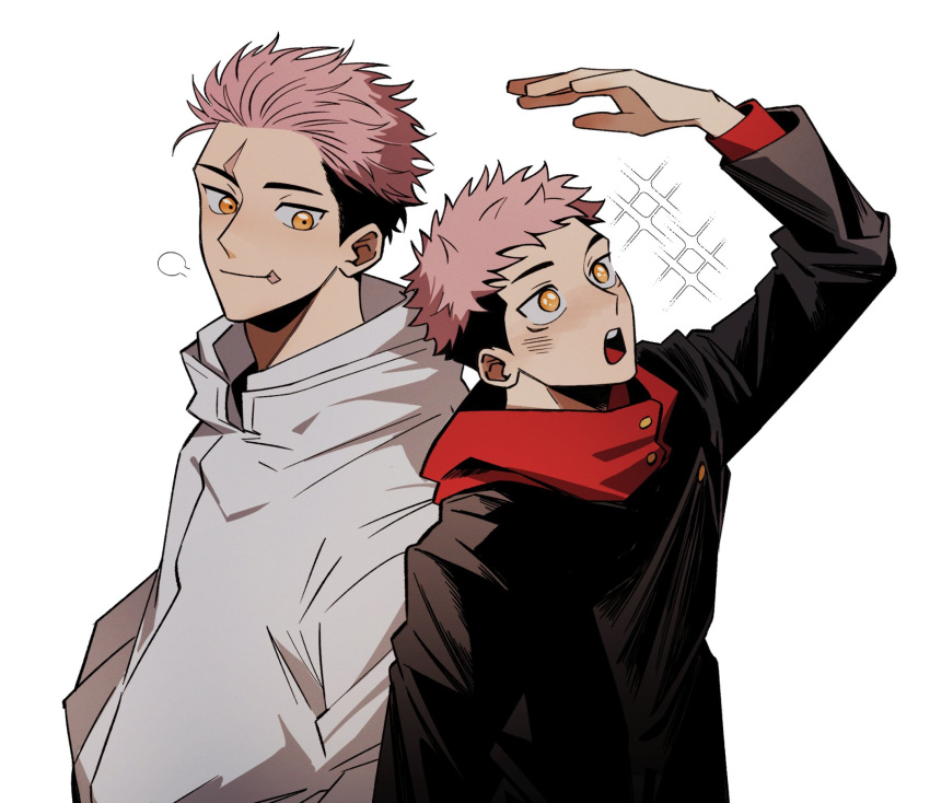 2boys, age_comparison, arm_up, back-to-back, black_hair, blush, closed_mouth, commentary_request, dori_suki_na, grey_hoodie, height_difference, highres, hood, hood_down, hoodie, itadori_yuuji, jujutsu_kaisen, jujutsu_tech_uniform, looking_at_another, male_focus, multiple_boys, open_mouth, pink_hair, red_hoodie, short_hair, simple_background, smile, upper_body, white_background, yellow_eyes