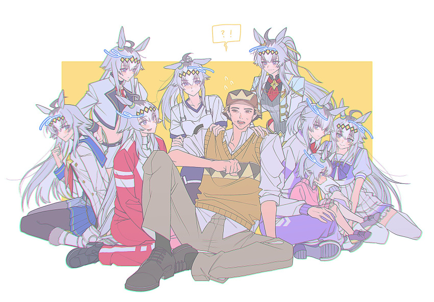 1boy, animal_ears, commentary_request, glutton, grey_hair, highres, horse_ears, horse_girl, hpppp, kasamatsu_tracen_training_uniform, kitahara_jou, korean_commentary, multicolored_hair, multiple_girls, oguri_cap_(starlight_beat)_(umamusume), oguri_cap_(umamusume), school_uniform, sweater_vest, tracen_school_uniform, tracen_training_uniform, two-tone_hair, umamusume, umamusume:_cinderella_gray