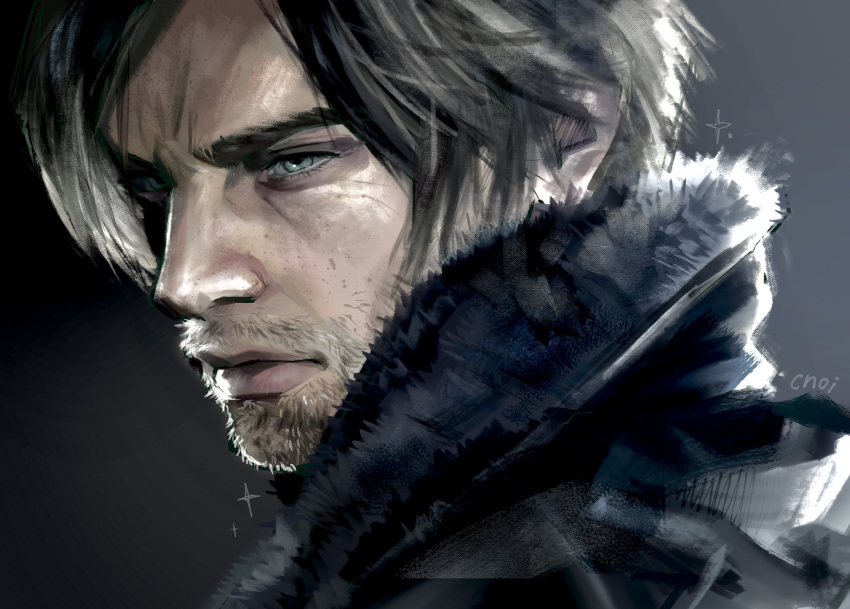 1boy, astrxchoi, black_jacket, blue_eyes, brown_hair, close-up, closed_mouth, commentary, english_commentary, facial_hair, fur_trim, grey_background, highres, jacket, leon_s._kennedy, male_focus, parted_bangs, resident_evil, resident_evil_requiem, solo