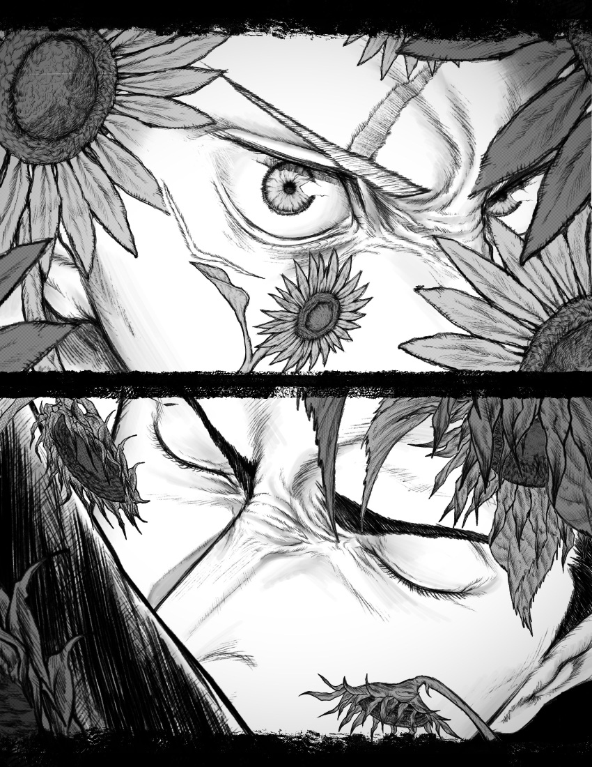 2boys, absurdres, black_border, border, closed_eyes, commentary_request, eyelashes, flower
