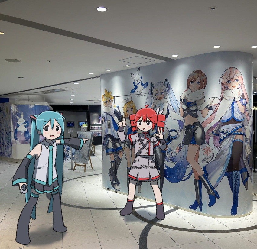 2girls, absurdres, aqua_hair, aqua_necktie, auhuheben17, bare_shoulders, black_boots, black_eyes