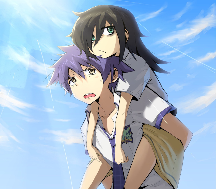 1boy, 1girl, annoyed, bags_under_eyes, bare_legs, black_hair, blue_hair, blue_sky, carrying, clothes_around_waist, collarbone, commentary, day, dress, english_commentary, green_eyes, hair_over_one_eye, hetero, highres, jacket, jacket_around_waist, kuroki_tomoko, long_hair, necktie, nishijou_takumi, open_collar, optaku, piggyback, plaid_clothes, plaid_necktie, purple_necktie, school_uniform, short_hair, sky, suimei_academy_school_uniform, summer_uniform, thighs, watashi_ga_motenai_no_wa_dou_kangaetemo_omaera_ga_warui!, yellow_eyes