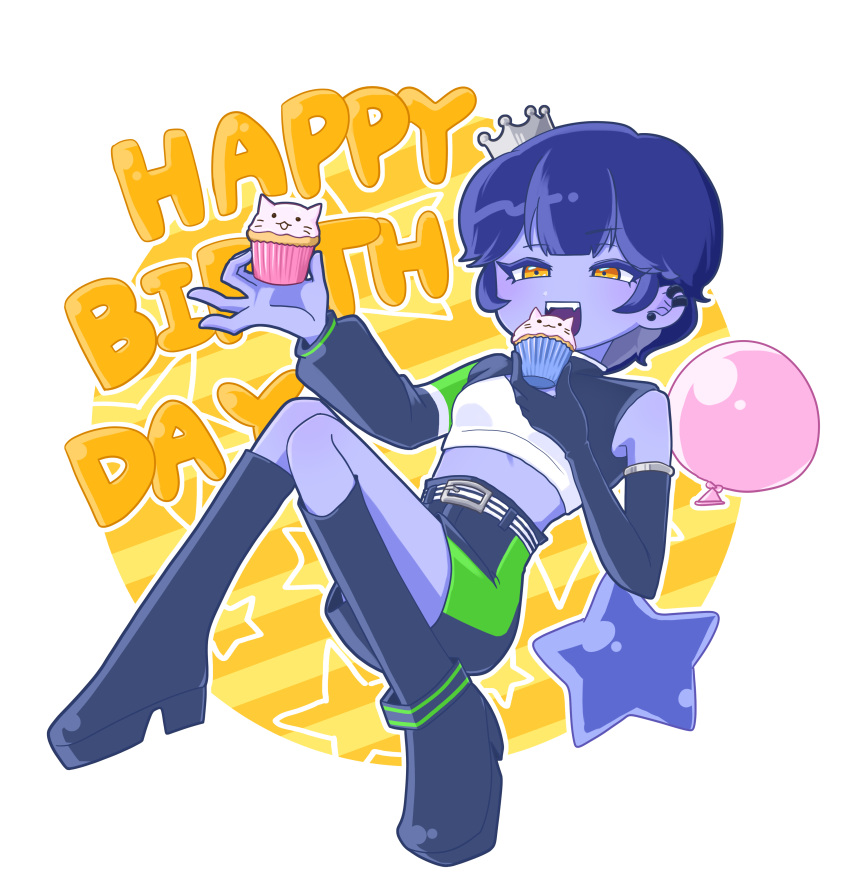 1girl, absurdres, balloon, belt, birthday, blue_hair, blue_skin, boots