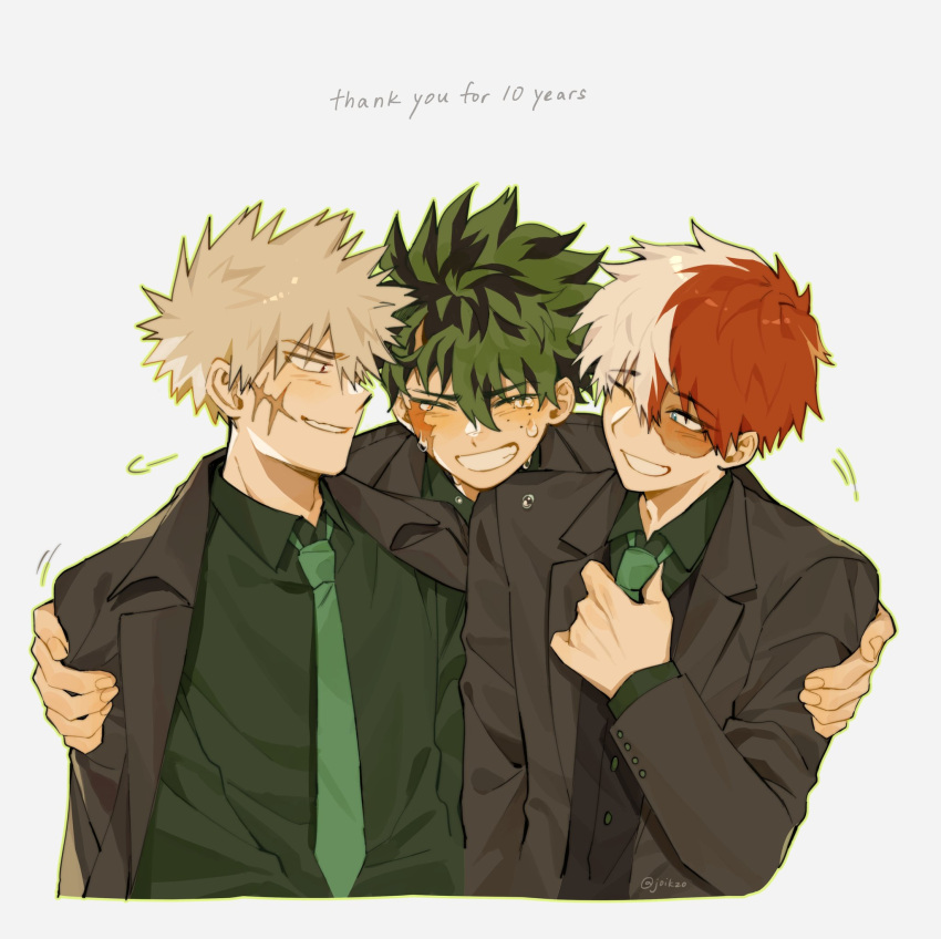 3boys, adjusting_clothes, adjusting_necktie, bakugou_katsuki, black_jacket, black_vest, blonde_hair, boku_no_hero_academia