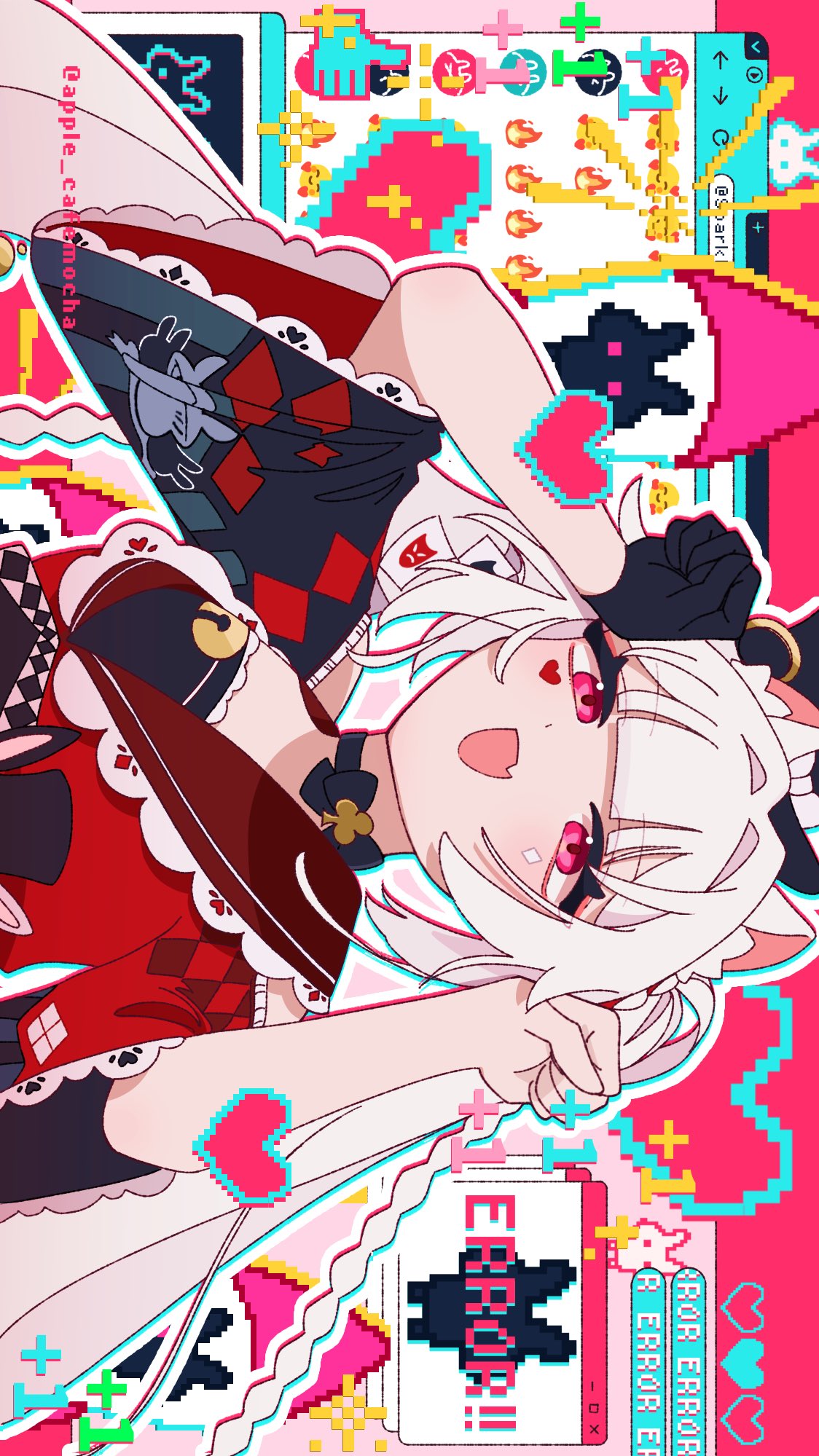 1girl, apple_cafemocha, black_hat, braid, butterfly-shaped_pupils, clothing_cutout, cosplay, diamond_(shape), diamond_facial_mark, diamond_on_cheek, english_text, facial_mark, fang, frills, gloves, hashtag-only_commentary, hat, hat_ornament, heart, heart_facial_mark, heart_on_cheek, highres, honkai:_star_rail, honkai_(series), long_hair, looking_at_viewer, mark_under_both_eyes, mini_hat, mini_top_hat, multicolored_hair, open_mouth, paw_pose, pink_eyes, pixel_art, rabbit_ear_headwear, rabbit_hat_ornament, red_streaks, shoulder_cutout, single_glove, skin_fang, smile, solo, sparkle_(honkai:_star_rail), sparkle_(honkai:_star_rail)_(cosplay), sparxie_(honkai:_star_rail), streaked_hair, symbol-shaped_pupils, top_hat, twintails, white_hair
