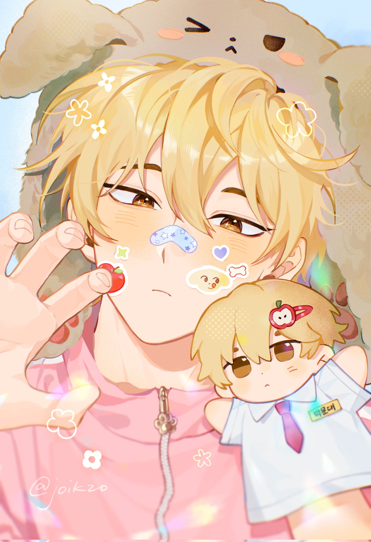 1boy, bandage_on_nose, blonde_hair, blush, brown_eyes, character_puppet, closed_mouth, commentary
