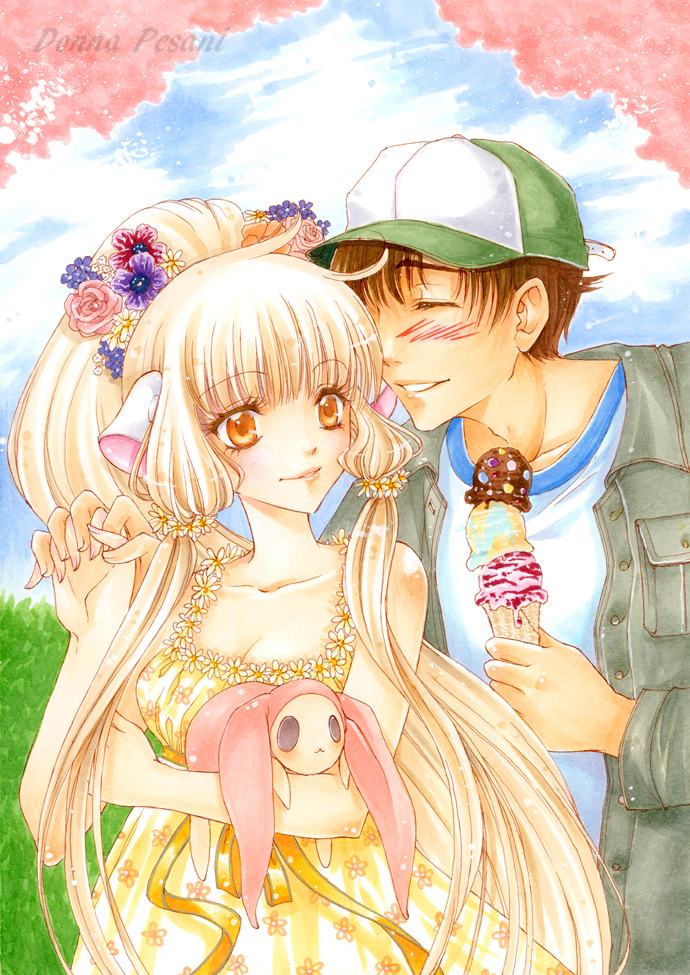 1girl, baseball_cap, blonde_hair, cap, chii, chobits, couple, dark-persian