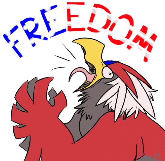 american_flag, animal_focus, bird, braviary, constricted_pupils, danceswithfoxes, english_commentary, english_text, fourth_of_july, no_humans, open_mouth, pokemon, pokemon_(creature), shouting, tongue, tongue_out