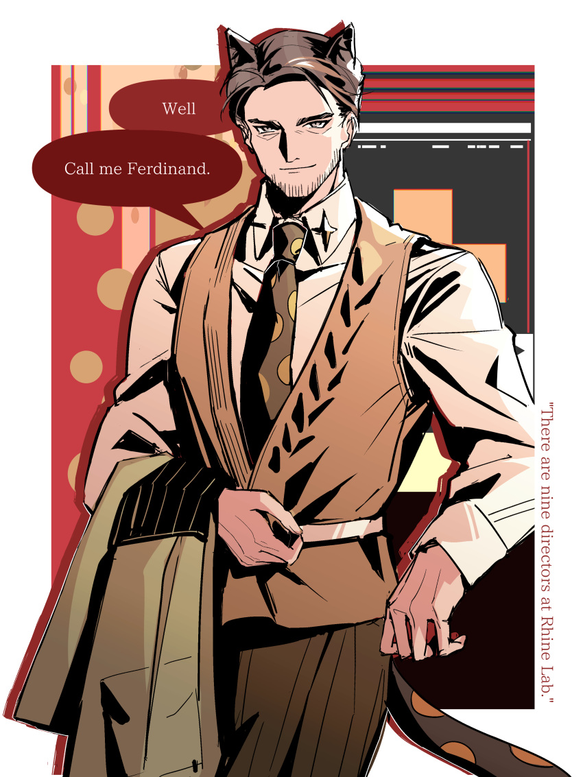 1boy, absurdres, arknights, beard_stubble, black_necktie, brown_hair, brown_vest, cc_guiya