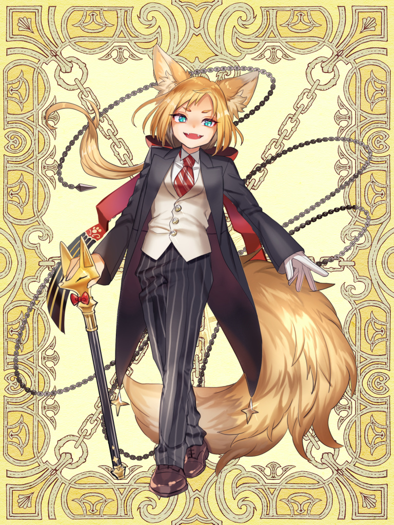 1girl, animal_ear_fluff, animal_ears, black_suit, blonde_hair, blue_eyes, brown_shoes, cane