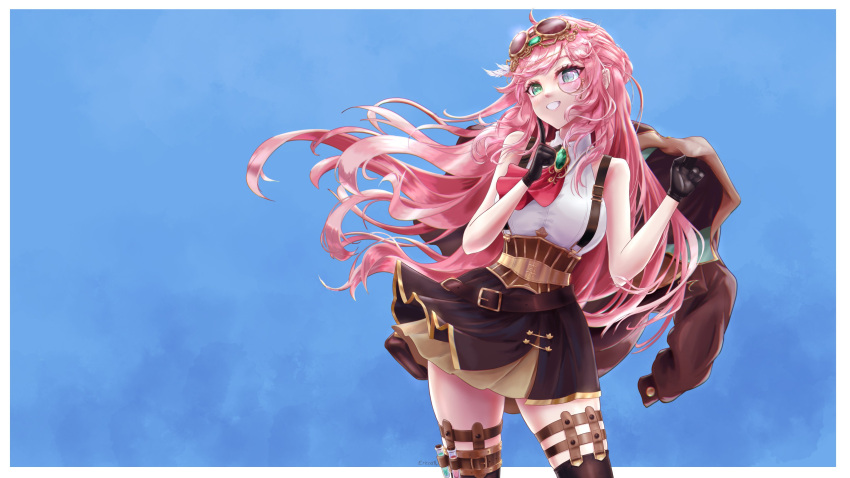 1girl, absurdres, aivy_lovencraft, ericoatl, fanart, gloves, goggles, goggles_on_head, green_eyes, highres, indie_virtual_youtuber, long_hair, monocle, pink_hair, simple_background, skirt, smile, solo, virtual_youtuber, vtuber, vtuberfanart