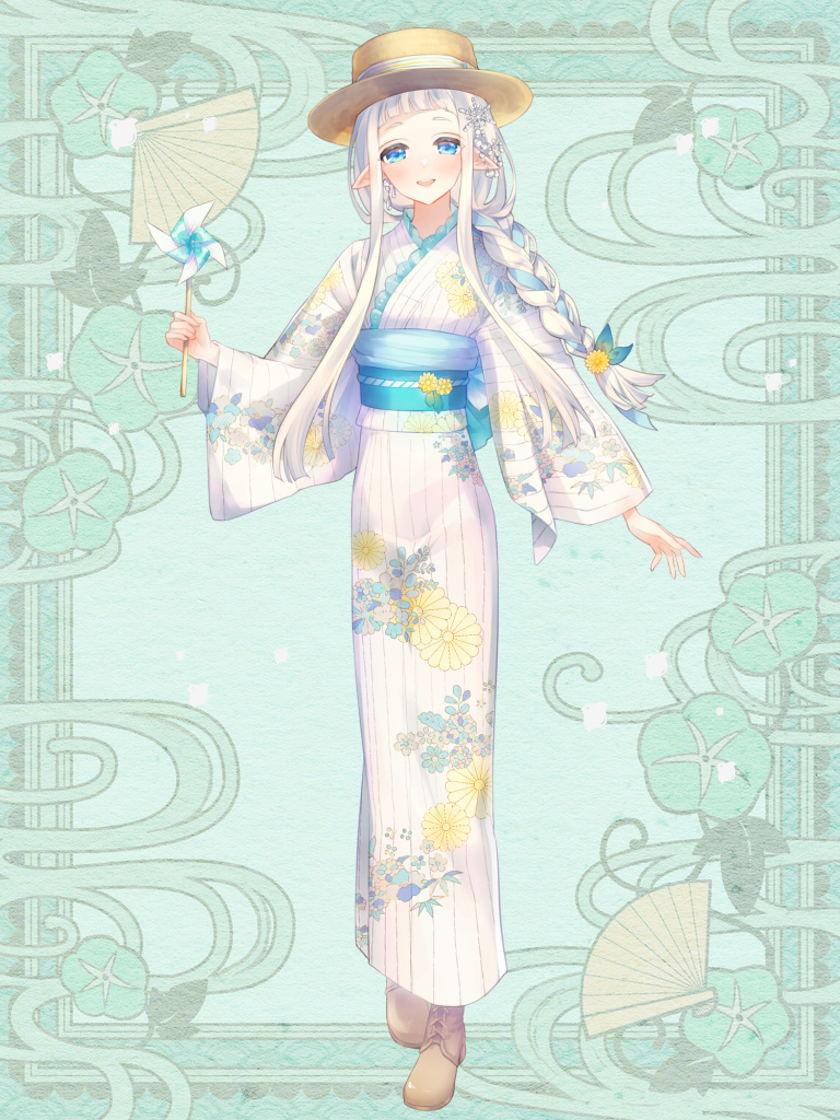 1girl, blue_eyes, blush, braid, brown_shoes, elf, full_body, green_background, hat, holding, holding_pinwheel, japanese_clothes, kerberos_blade, kimono, kiyashiki_hakua, long_hair, long_sleeves, looking_at_viewer, obi, pinwheel, pointy_ears, sash, shoes, smile, solo, white_kimono, wide_sleeves