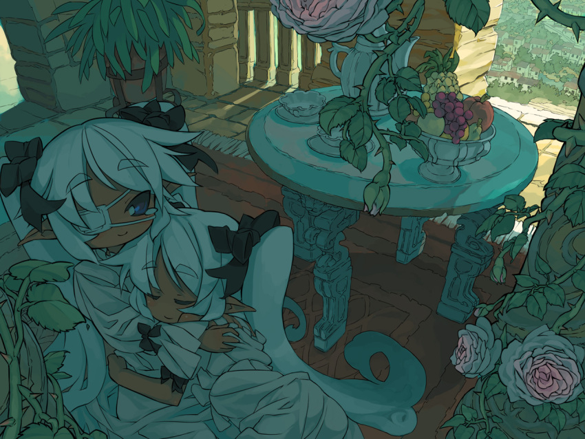 blue_eyes, bow, city, closed_eyes, cuddling, dark_skin, dress, eyepatch