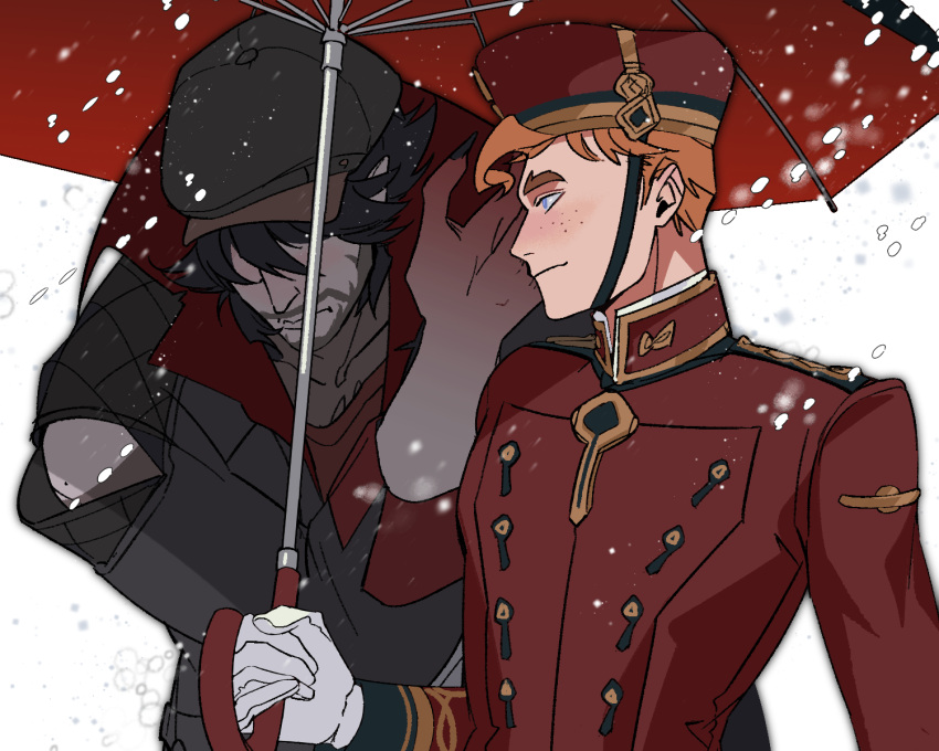 2boys, beard, bellhop_uniform, black_coat, black_hair, black_hat, blue_eyes, closed_mouth