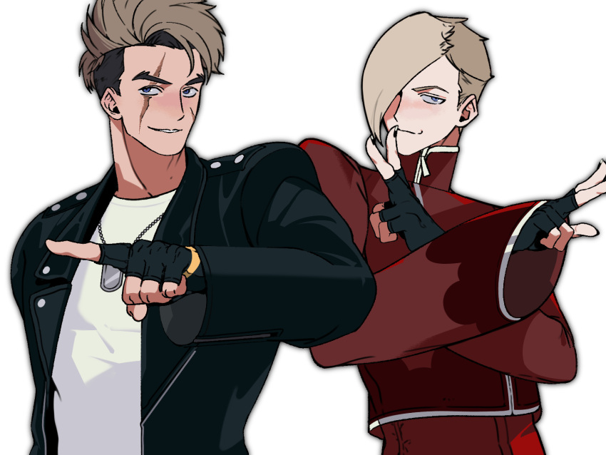 2boys, arms_up, ash_crimson, ash_crimson_(cosplay), black_gloves, black_jacket, black_nails, blonde_hair, blue_eyes, closed_mouth, cosplay, cowboy_shot, crossover, dog_tags, ed_(street_fighter), fingerless_gloves, forked_eyebrows, gloves, hair_over_one_eye, hexermer, highres, jacket, kusanagi_kyou, kusanagi_kyou_(cosplay), long_sleeves, luke_sullivan, male_focus, multiple_boys, nail_polish, open_clothes, open_jacket, pants, pointing, red_pants, red_shirt, scar, scar_across_eye, scar_on_cheek, scar_on_face, shirt, short_hair, simple_background, smile, street_fighter, street_fighter_6, the_king_of_fighters, undercut, white_background, white_shirt, white_trim, wide_sleeves