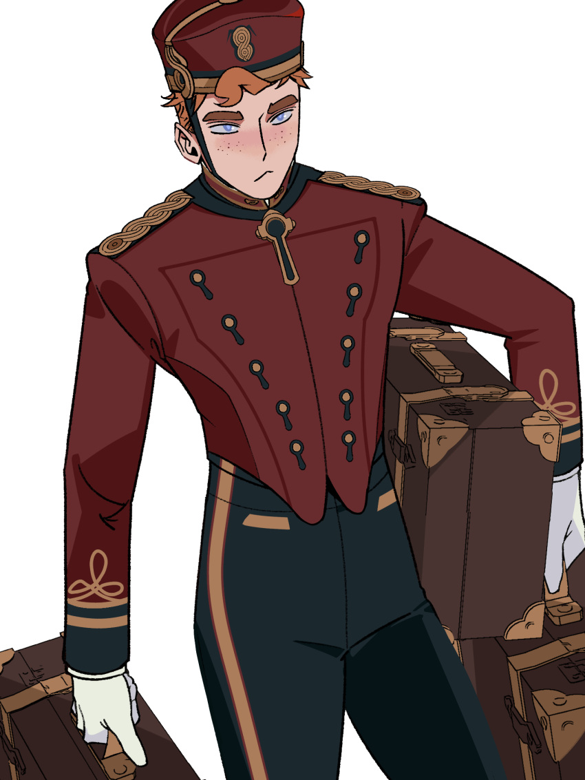 1boy, :/, bellhop_uniform, black_pants, blue_eyes, blush, buttons, closed_mouth
