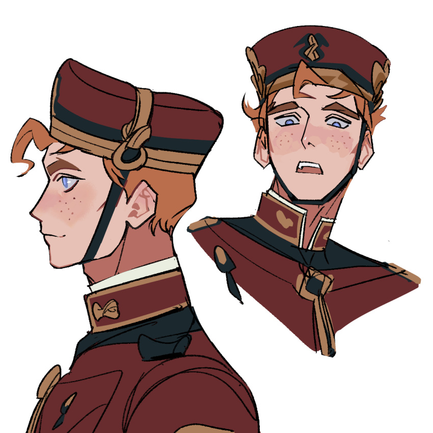 1boy, bellhop_uniform, blue_eyes, blush, closed_mouth, collared_jacket, cropped_shoulders, deadlock_(game)