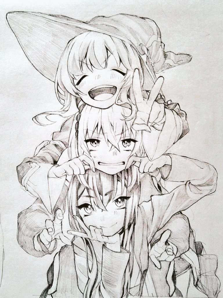 3girls, cheek_pinching, clenched_teeth, coat, commentary_request, crossed_bangs, detached_sleeves, fam_(original)_(grimms_notes)