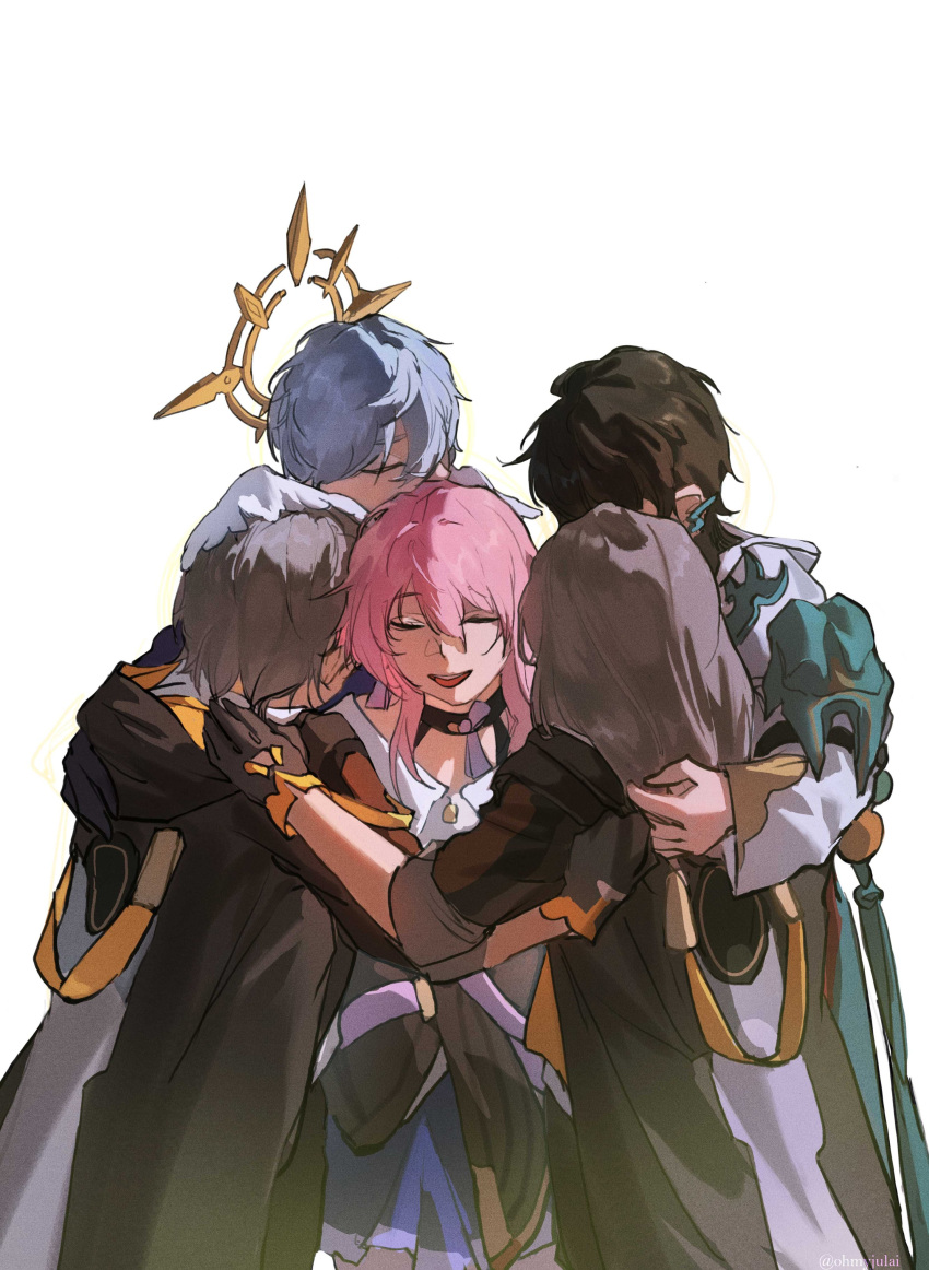 2girls, 3boys, absurdres, aqua_coat, armor, beads, black_choker, black_hair
