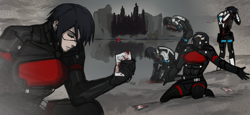5girls, android, beach, black_hair, blood, closed_eyes, dramatic_dmitry_(meme), elster_(signalis)