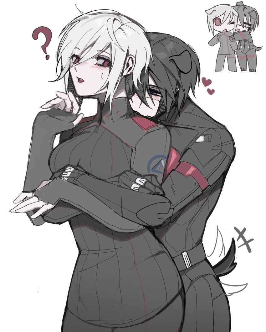 +++, 2girls, ?, android, animal_ears, ariane_yeong, black_hair, black_jacket