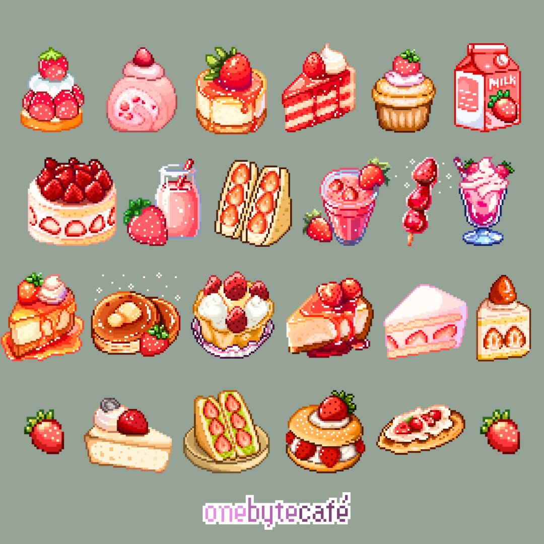 butter, cake, cake_slice, cheesecake, commentary, crepe, cupcake, dessert, drink_carton, english_commentary, food, food_focus, fruit, grey_background, milk_carton, no_humans, one_byte_cafe, original, pancake, pixel_art, strawberry, strawberry_milk, strawberry_shortcake, twitter_username, whipped_cream