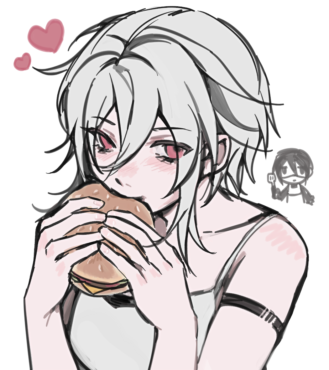 1girl, ariane_yeong, burger, eating, elster_(signalis), eve_(everotten), food, hands_up