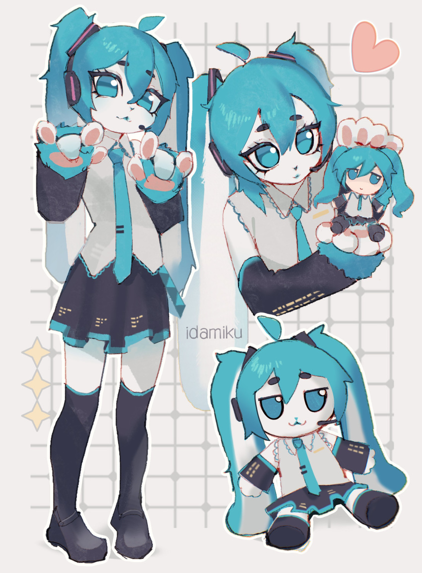 1girl, absurdres, ahoge, animal_ears, animal_hands, aqua_eyes, aqua_hair, black_boots