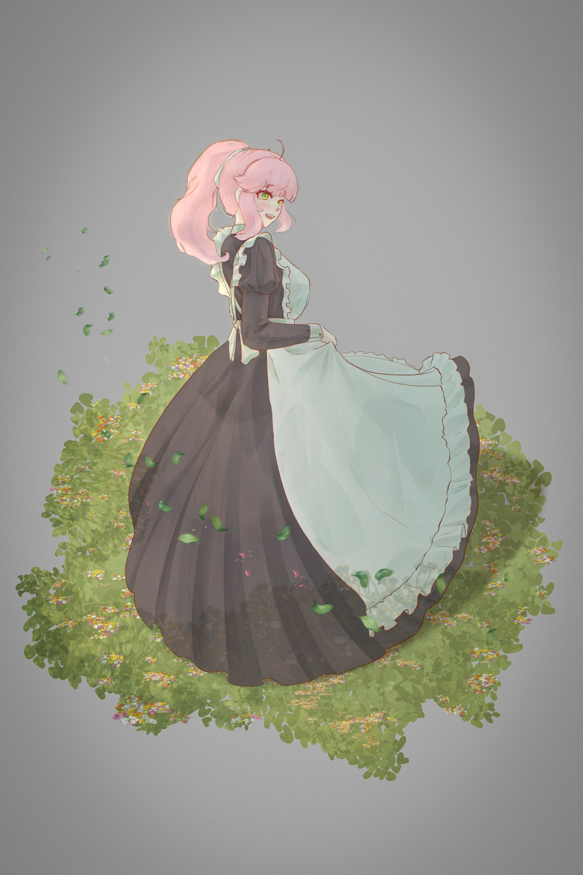 1girl, absurdres, aivy_lovencraft, apron, blush, commentary, fanart, green_eyes