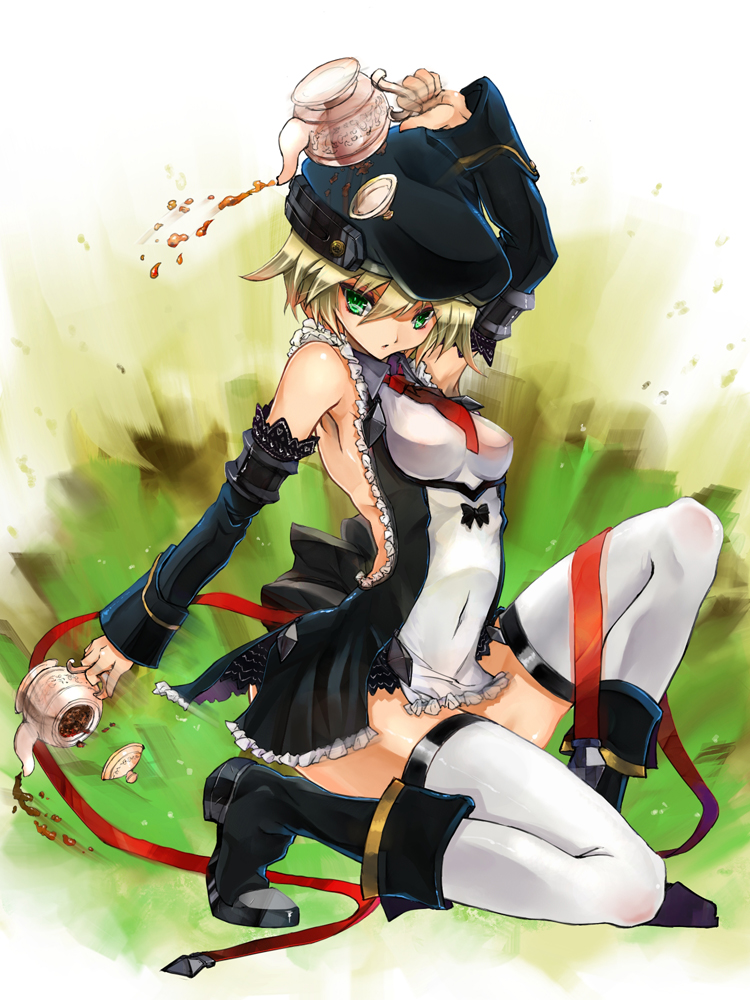 alternate_costume, artist_request, beret, blazblue, blonde_hair, bolverk, boots, detached_sleeves