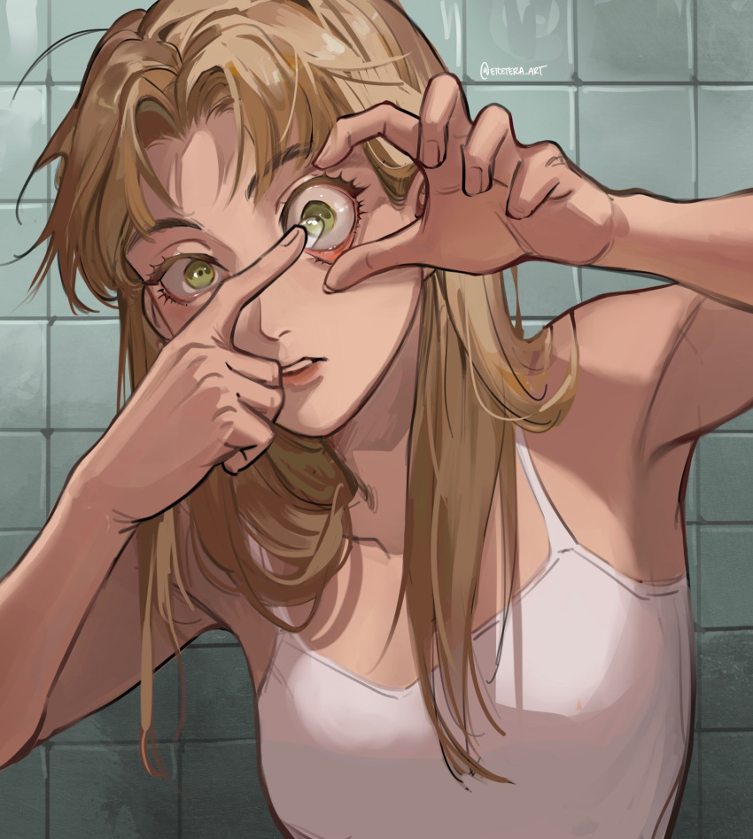1girl, arm_up, blonde_hair, camisole, character_request, commentary, contact_lens, copyright_request