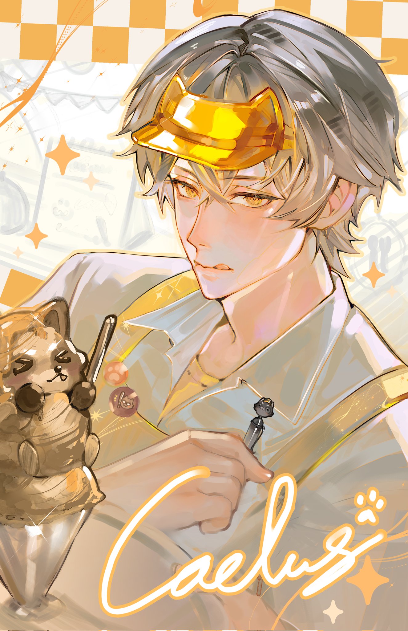 1boy, animal-themed_food, animal_hands, apron, artist_name, badge, caelus_(honkai:_star_rail), cafe