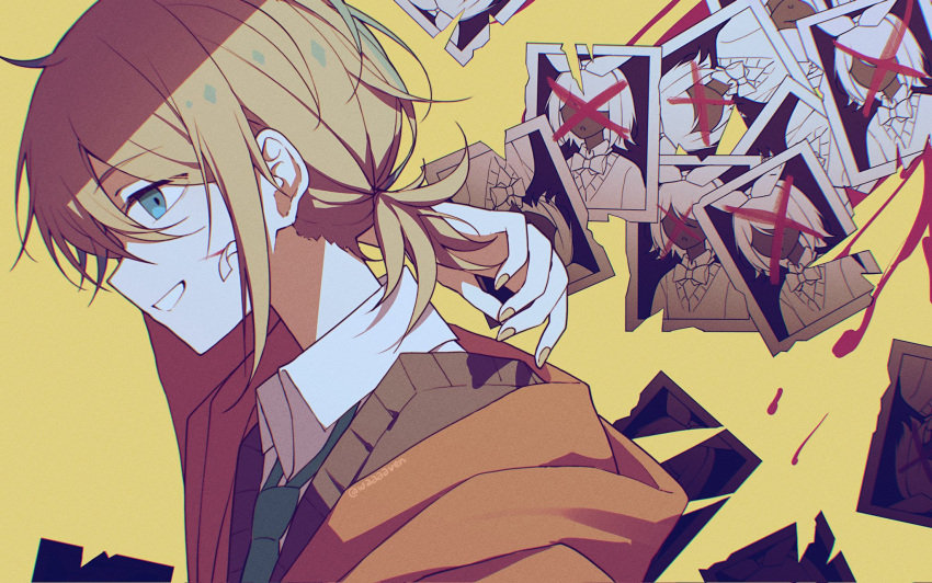 1boy, art_waven, bandaid, bandaid_on_cheek, bandaid_on_face, black_sweater_vest, blonde_hair, blue_eyes
