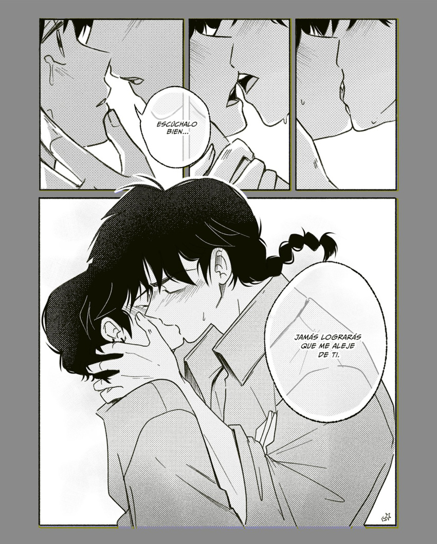1boy, 1girl, braid, closed_eyes, earrings, from_side, greyscale, hetero