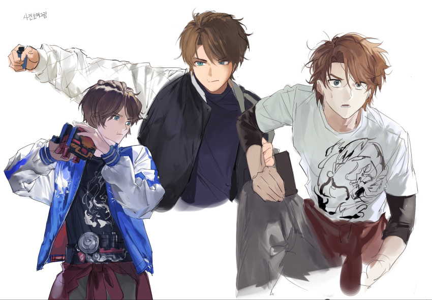 1boy, banjou_ryuuga, black_jacket, black_shirt, blue_eyes, blue_jacket, brown_hair, chewinggum205