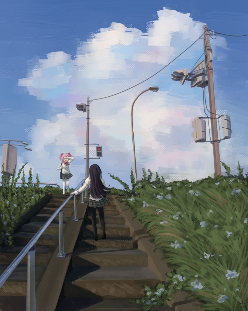 2girls, akemi_homura, black_hair, blue_flower, blue_sky, clouds, commentary, emobemob