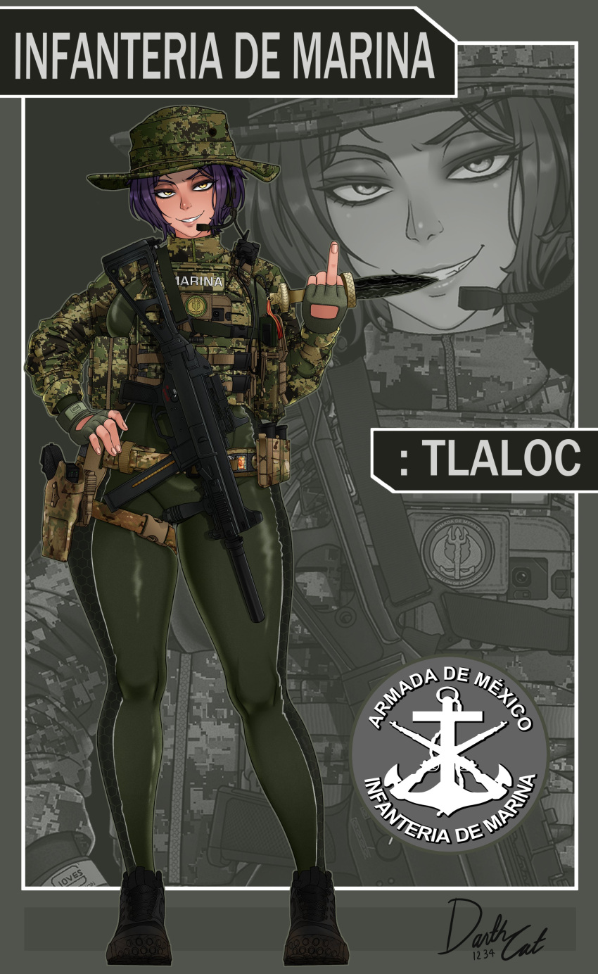 absurdres, belt, bulletproof_vest, dagger, darthcat1234, eyeliner, fang, fingerless_gloves, gloves, green_pants, green_shirt, gun, highres, holding, holding_dagger, holding_knife, holding_weapon, knife, lips, looking_at_viewer, makeup, meme, mexican_navy, mexico, middle_finger, original, pants, purple_hair, shirt, skin_tight, smile, soldier, spanish_text, translation_request, weapon, white_pharaoh_(meme)