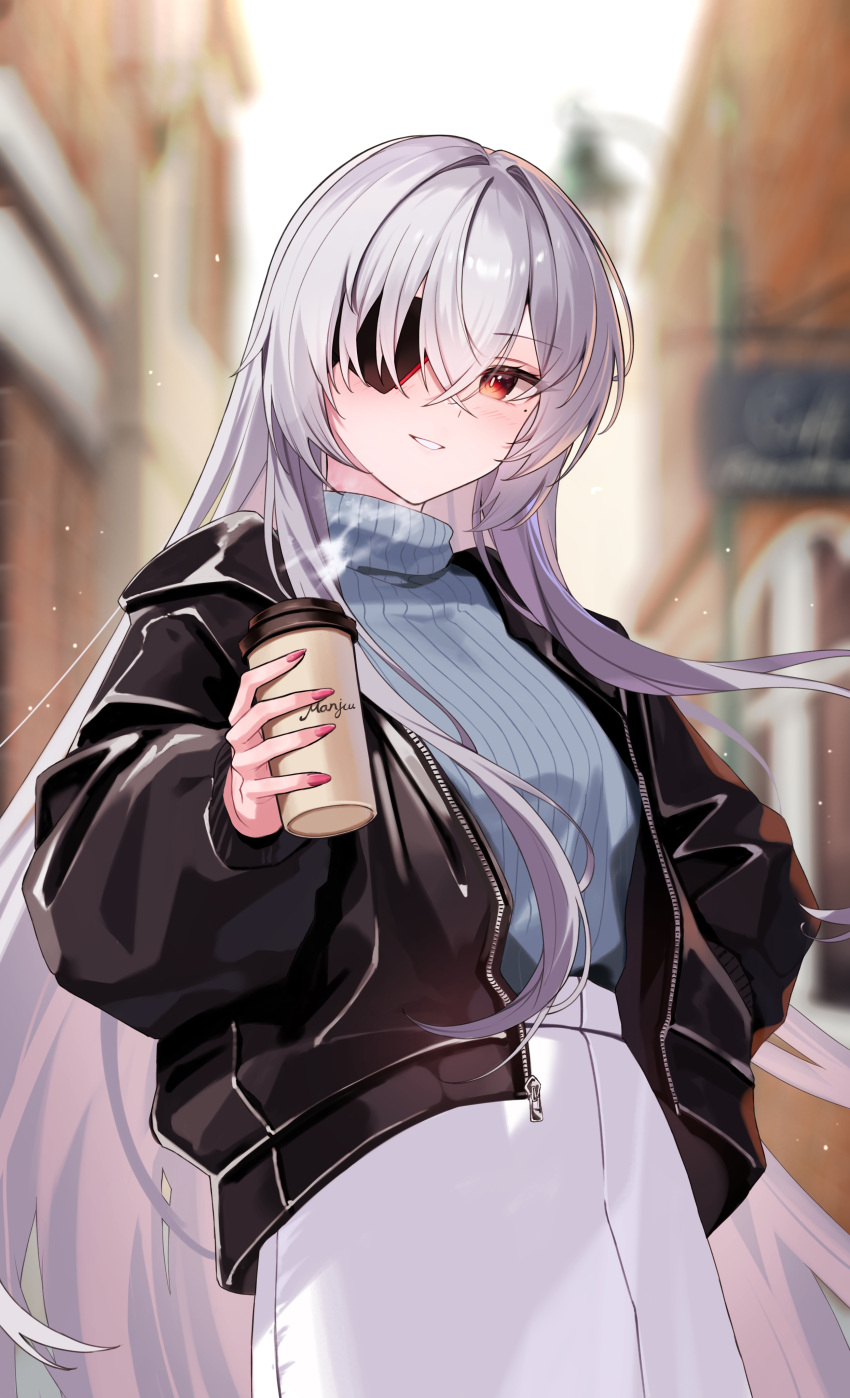 1girl, absurdres, azur_lane, black_jacket, blurry, blurry_background, blush, breasts