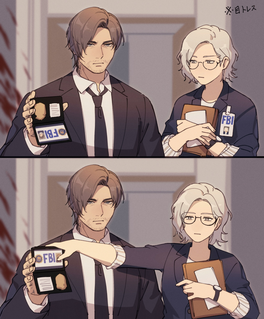 1boy, 1girl, beard, beard_stubble, blonde_hair, brown_hair, commentary_request, dbox_2525