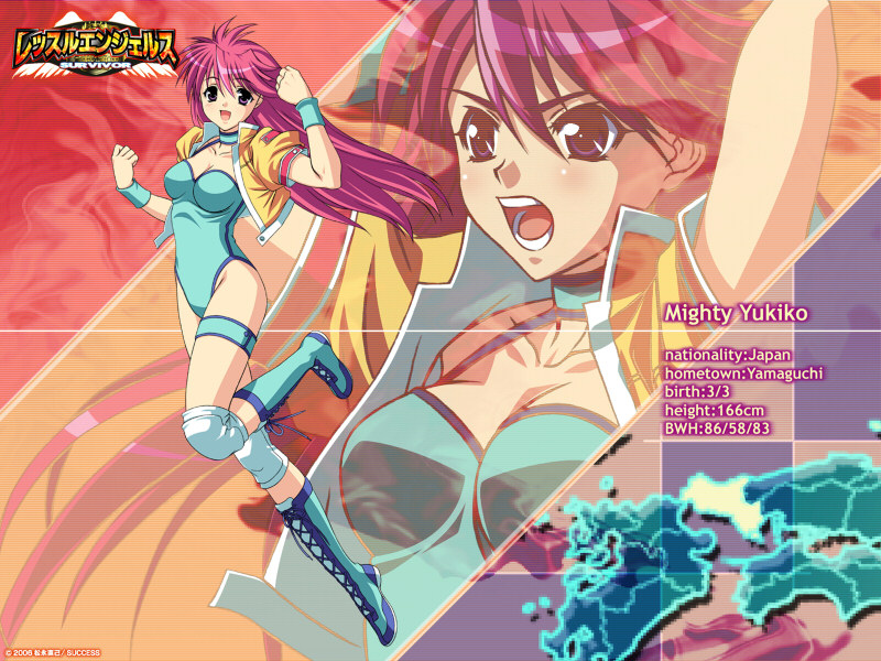 breasts, cleavage, jacket, knee_pads, leotard, long_hair, mighty_yukiko, open_mouth
