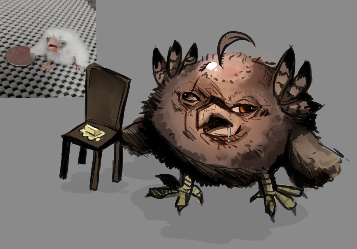 ahoge, animalization, balding, bird, brown_eyes, brown_feathers, butter, chair