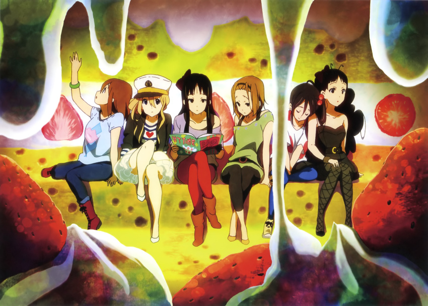 absurdres, akiyama_mio, black_hair, blonde_hair, blue_eyes, boots, bow, brown_hair, dual_persona, food, fruit, hair_bow, hairband, hat, highres, hirasawa_yui, k-on!, kotobuki_tsumugi, legs, listen!!, long_hair, multiple_girls, nakano_azusa, panthose, pantyhose, red_legwear, short_hair, strawberry, tainaka_ritsu, very_long_hair