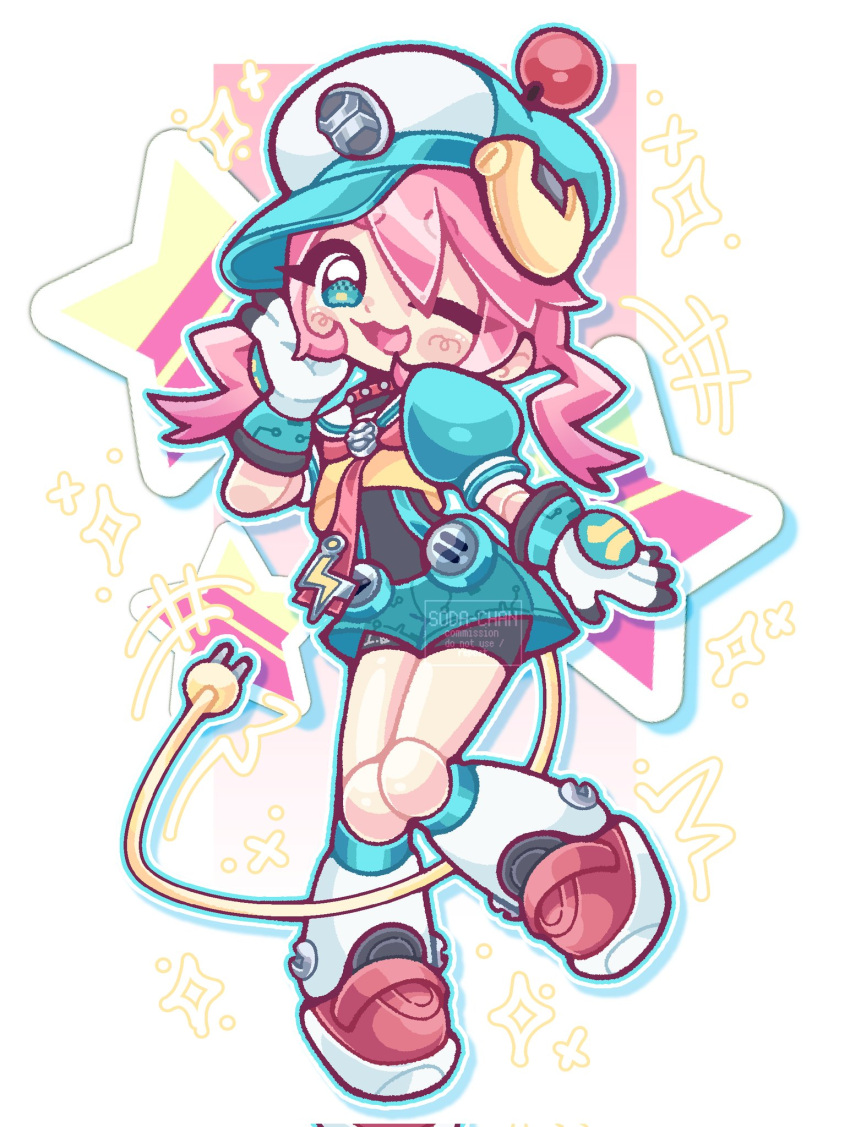 1girl, ;3, ;d, android, animal_collar, animal_ears, aqua_eyes, aqua_hat