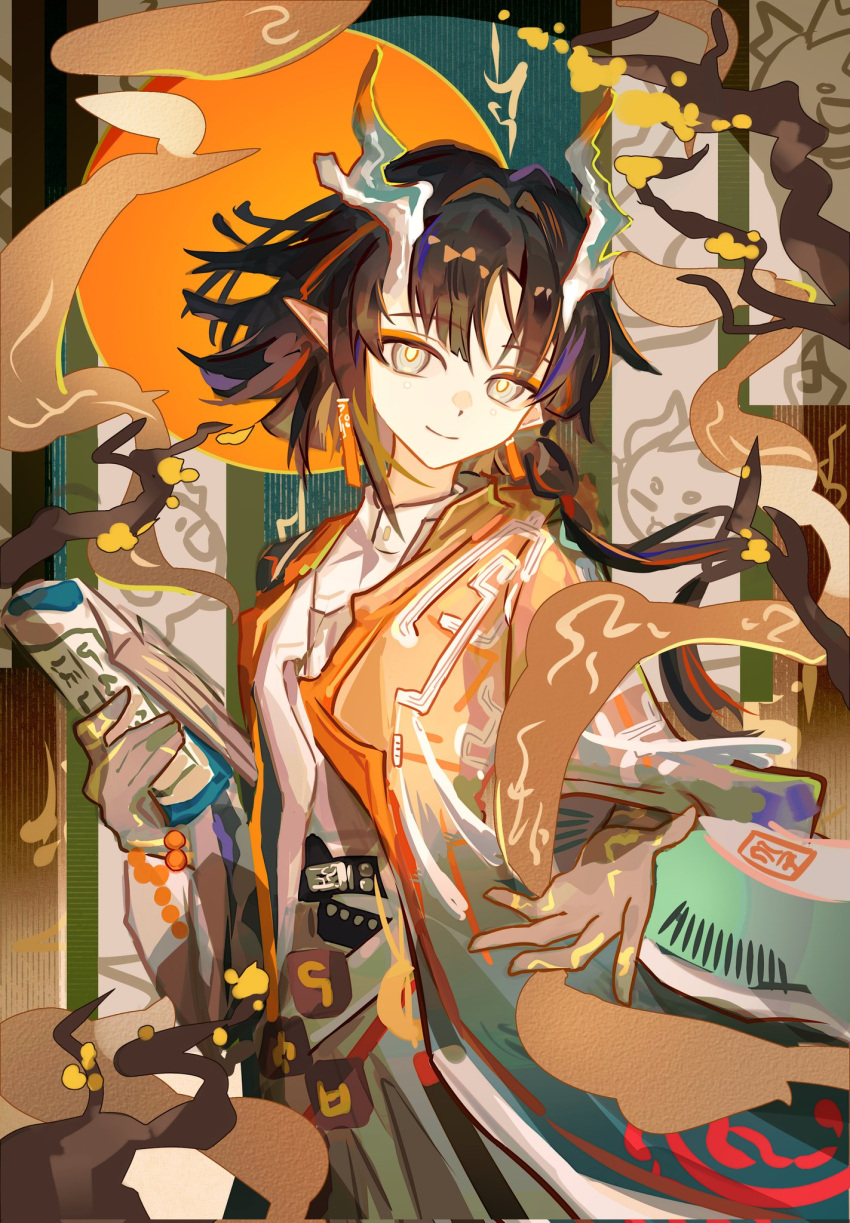 1girl, arknights, arm_tattoo, artist_name, brown_hair, chuichuihuahewu, colored_extremities, cowboy_shot