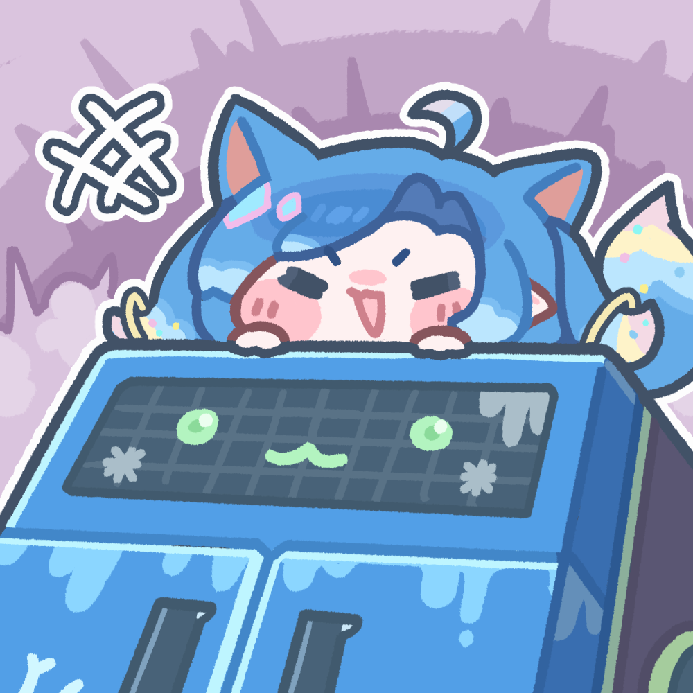 1girl, ahoge, animal_ears, asia_(trickcal), blue_hair, blush_stickers, cat_ears, chibi